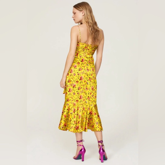 Cinq a Sept Katz Provence Dress 14 Yellow Floral Ruched Satin Midi Formal - Picture 15 of 16